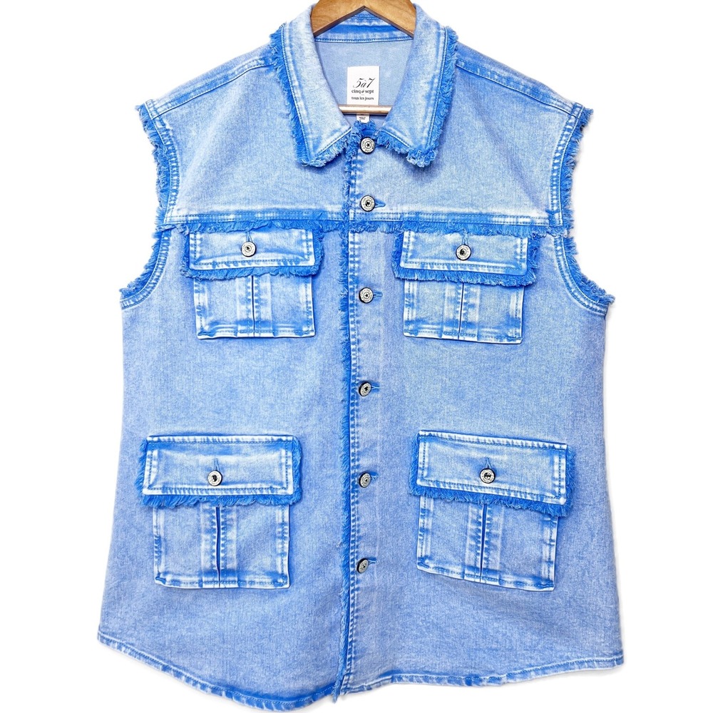 Cinq a Sept Tours Les Jours Vera Blue Denim Fringe Utility Cargo Vest Size XL - Picture 2 of 8